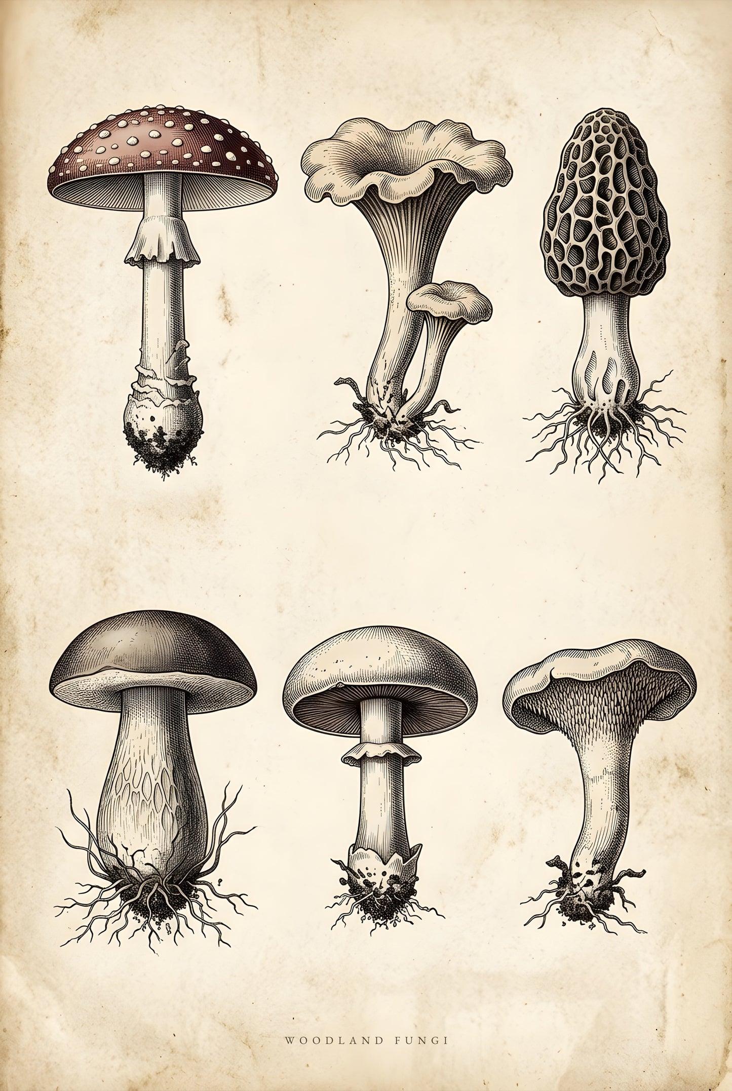 Vintage mushroom specimen chart print with six woodland fungi engraved on aged parchment