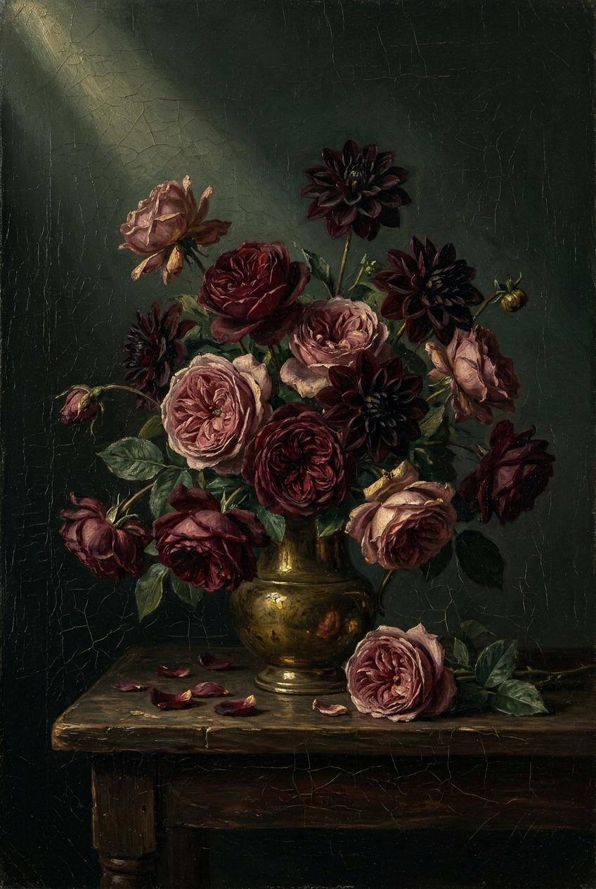 Dark botanical oil painting print of oxblood roses and dahlias in a brass vase on a deep green ground