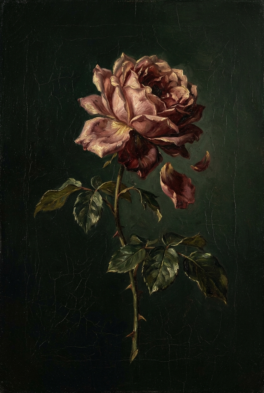 Dark academia print of a single dusty pink rose in oil painting style on a near-black green background