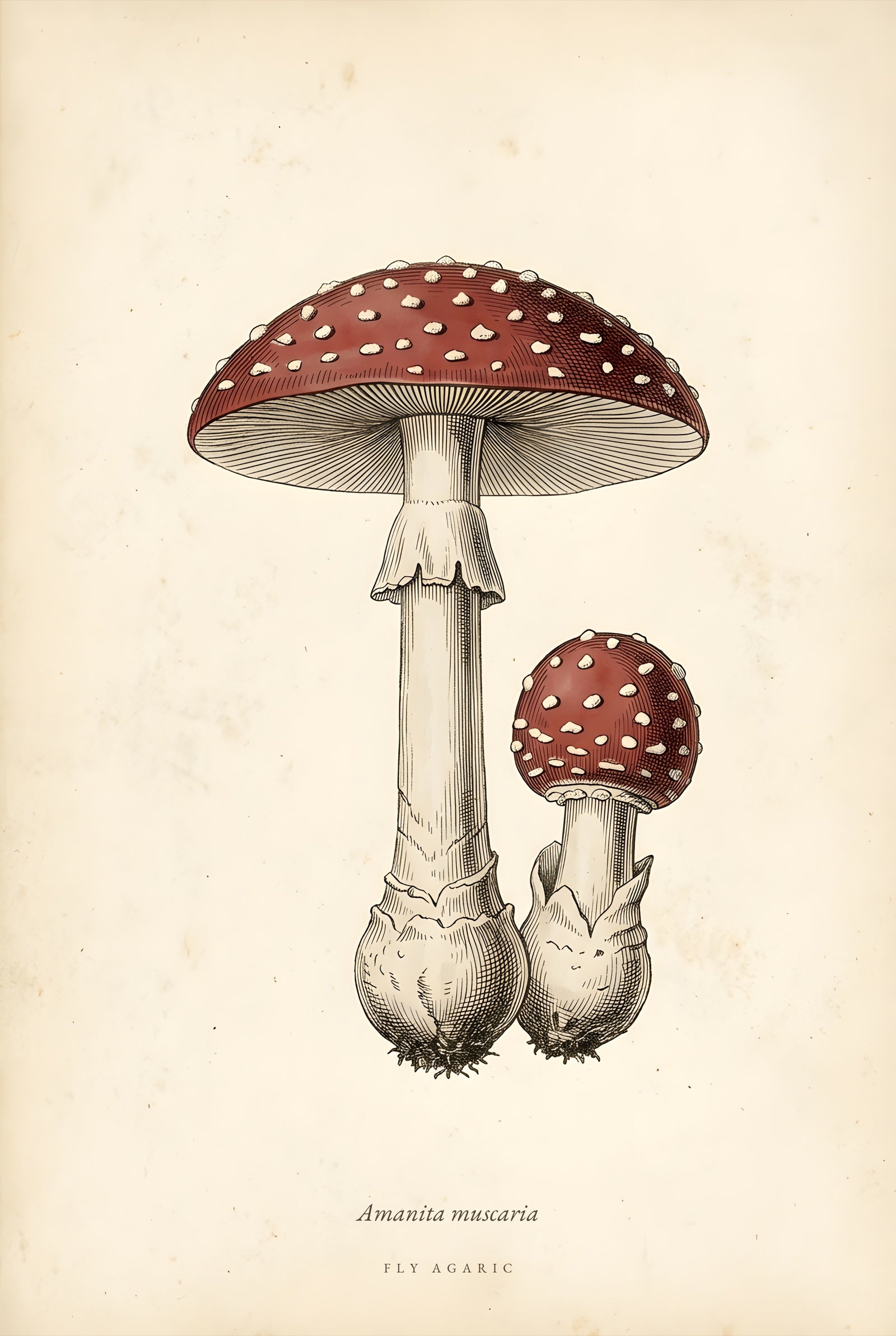 Fly agaric Amanita muscaria vintage botanical engraving print on aged parchment with typeset Latin name