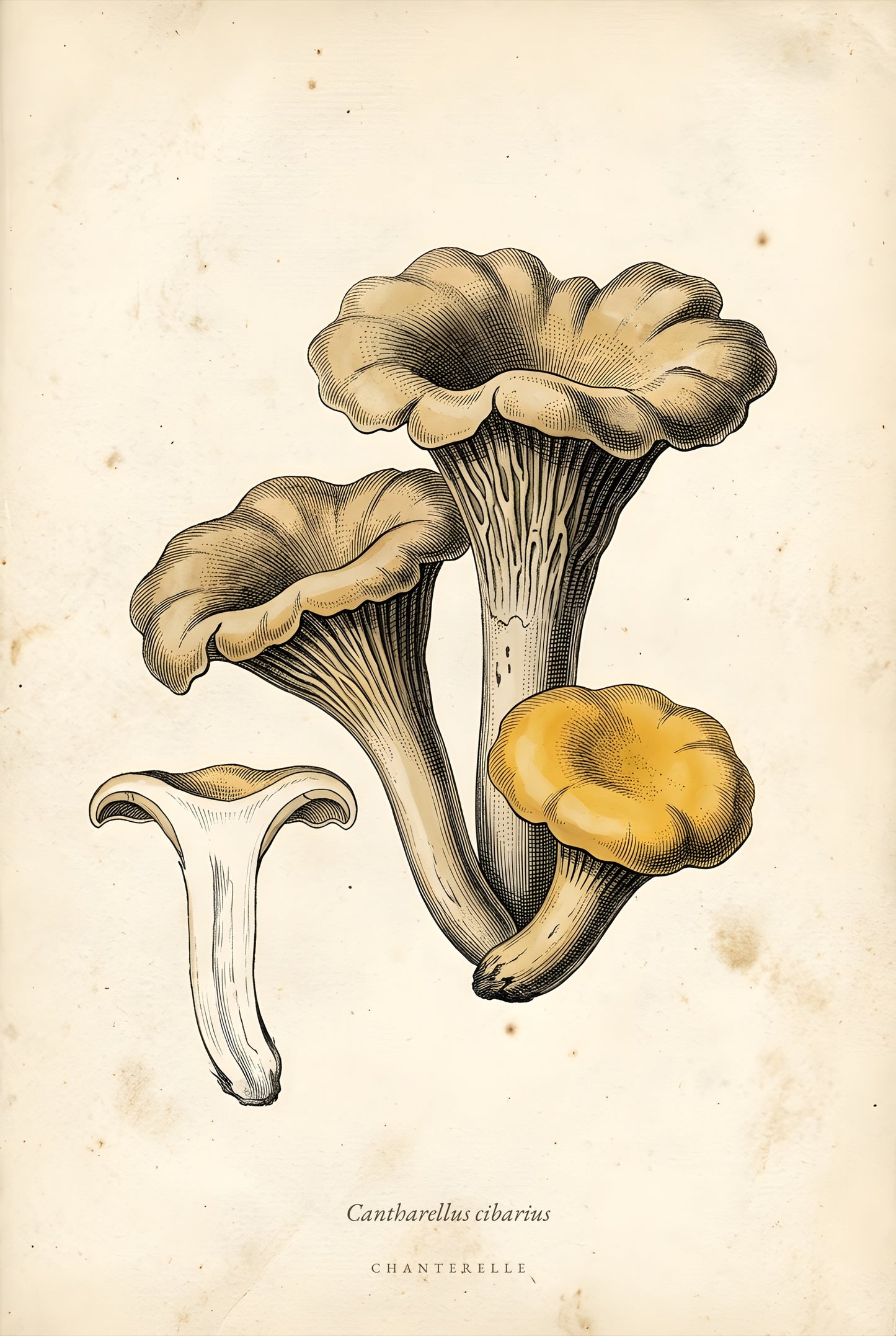 Chanterelle mushroom vintage botanical engraving print with cross-section on aged parchment